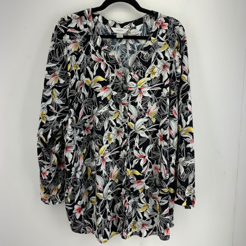 cj banks Tropical Floral Button Down Blouse Black Pink Yellow 3X Office Flowy